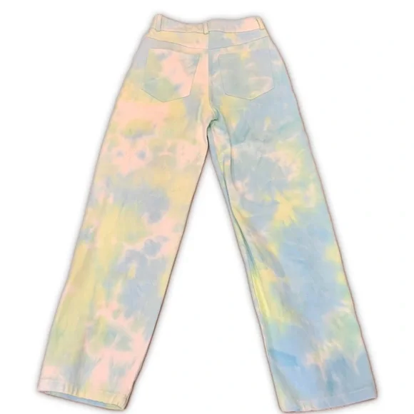 Tiger Mist white blue and green tie dye wide leg high rise jeans with button fly - Picture 3 of 8